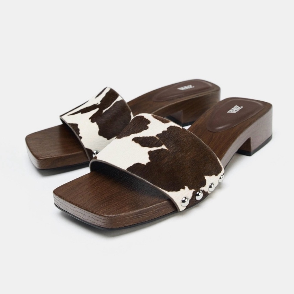 Zara Brown and White Cow-Print Slide Sandals